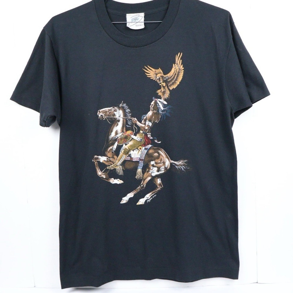 VTG 90s Badlands Native American Warrior & Horse Graphic Tee S.S.‎ Men's M/L